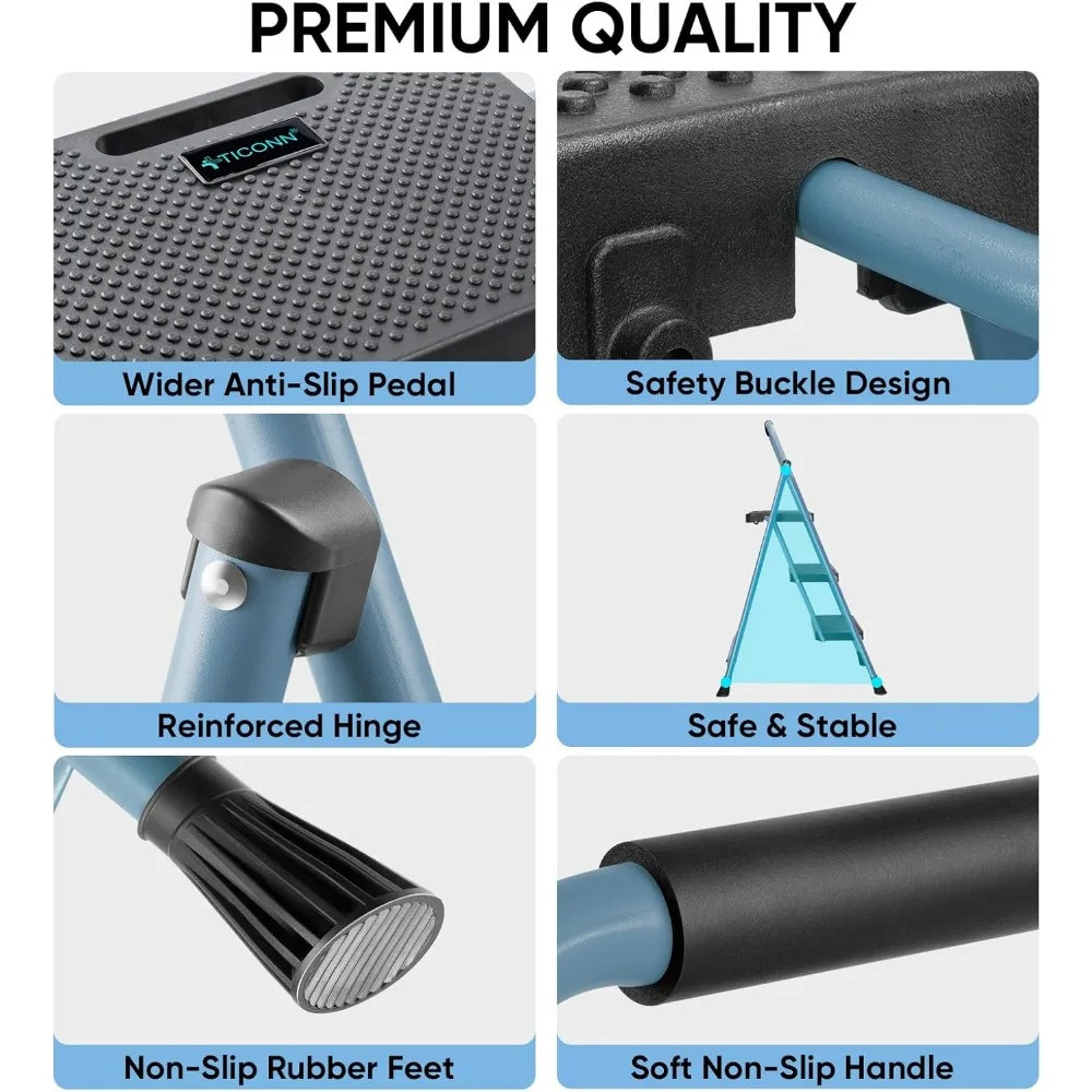 3 Step Ladder, Heavy Duty Foldable Step Stool, Portable Steel Folding Stool for Household Garage Storage (Blue)