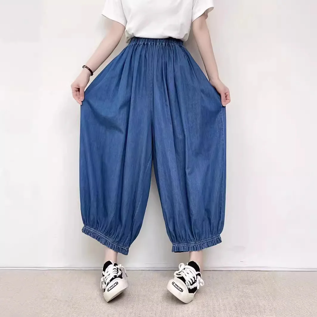 Mori kei ropa para mujer, pantalones de pierna ancha de mezclilla azul de algodón con cintura elástica, bombachos sueltos de estilo japonés, verano y otoño