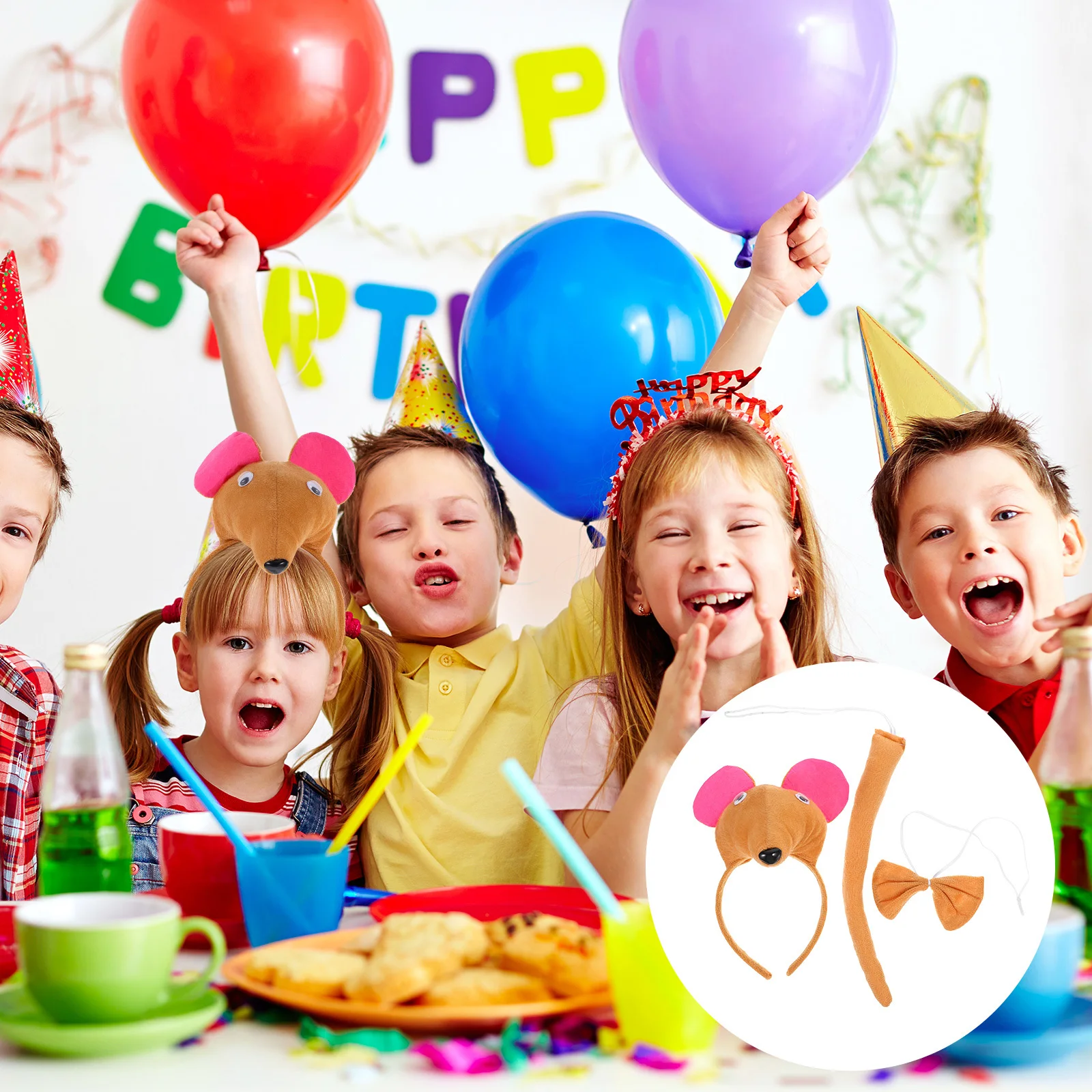 1 Zestaw Uszy Myszki 3D Opaska na Głowę Ogon Muszka Uroczy Kostium Myszki Zestaw Akcesoriów dla Dziewczynek Dzieci na Halloween Imprezę Cosplay