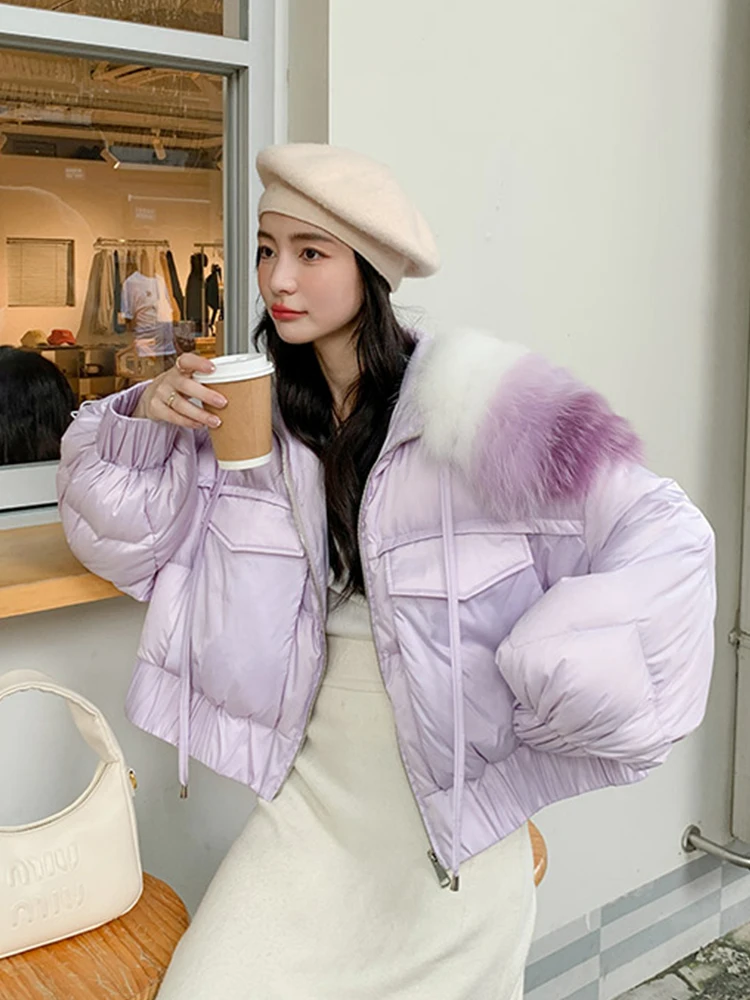 

New Winter Women White Goose Down Jacket Parka Loose Coat Natural Real Fox Fur Collar Thick Warm Luxury Fur