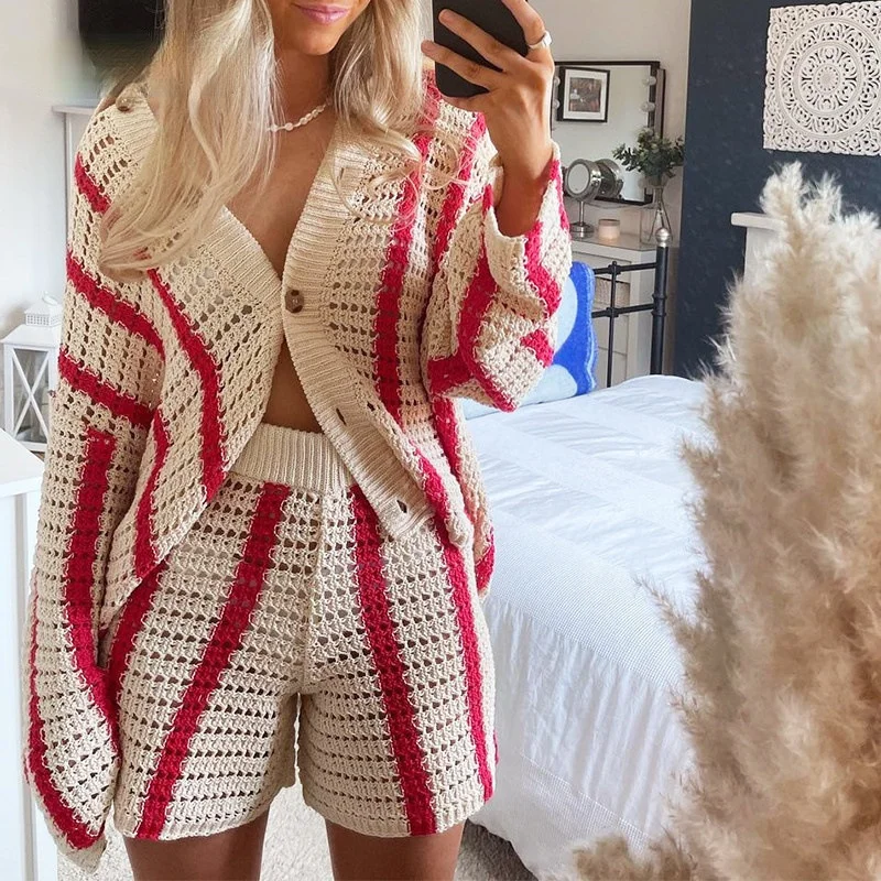 

2pcs Women's Long Sleeve Cardigan Knitted Sweater Shorts Jumper Knitwear Tracksuit Set Sexy Hollow Striped Knitting Cover-ups