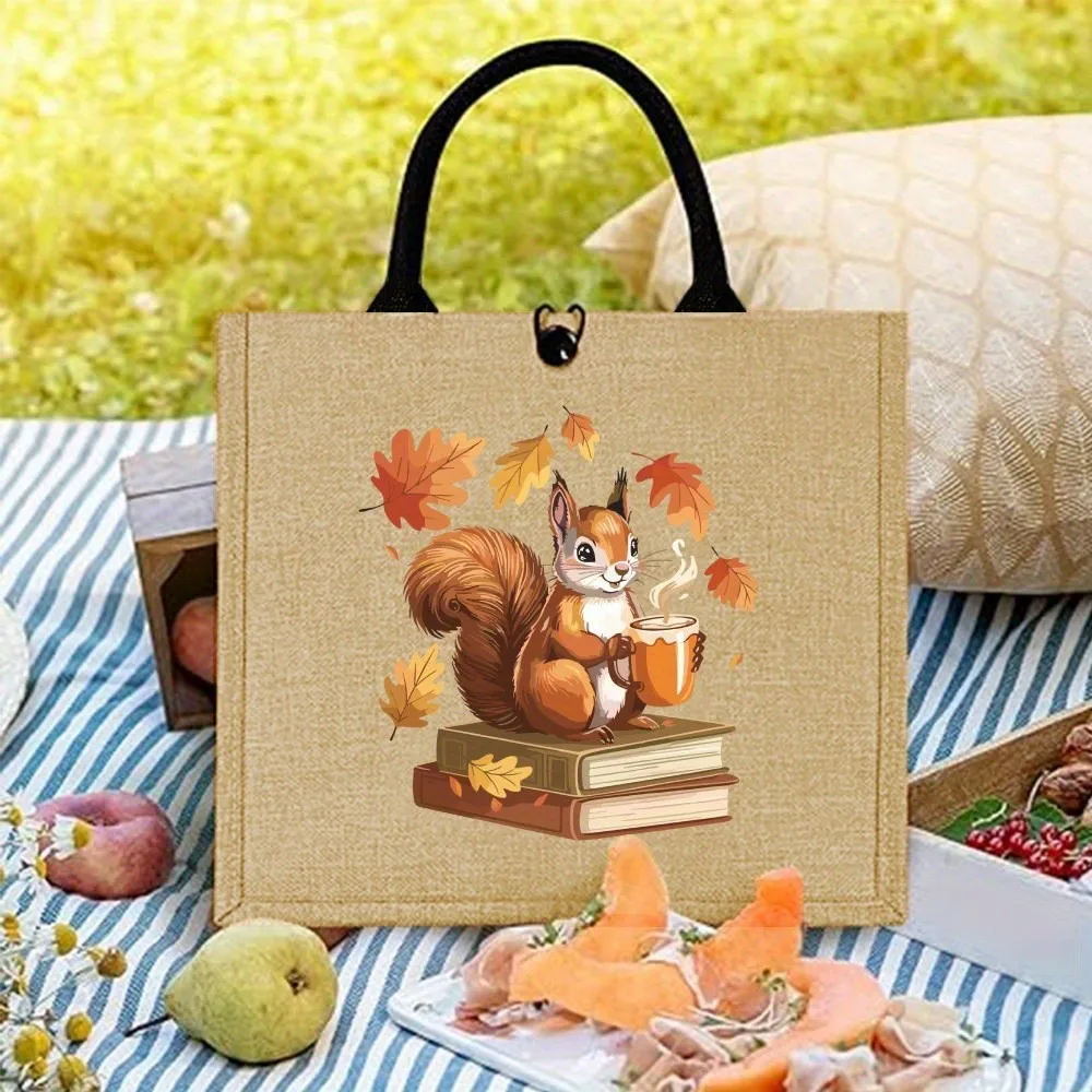 Women Autumn Squirrel Book Coffee Linen Tote Bag Fall Maple Leaf Print Reusable Shopping Bag Casual Shoulder Handbag Gift