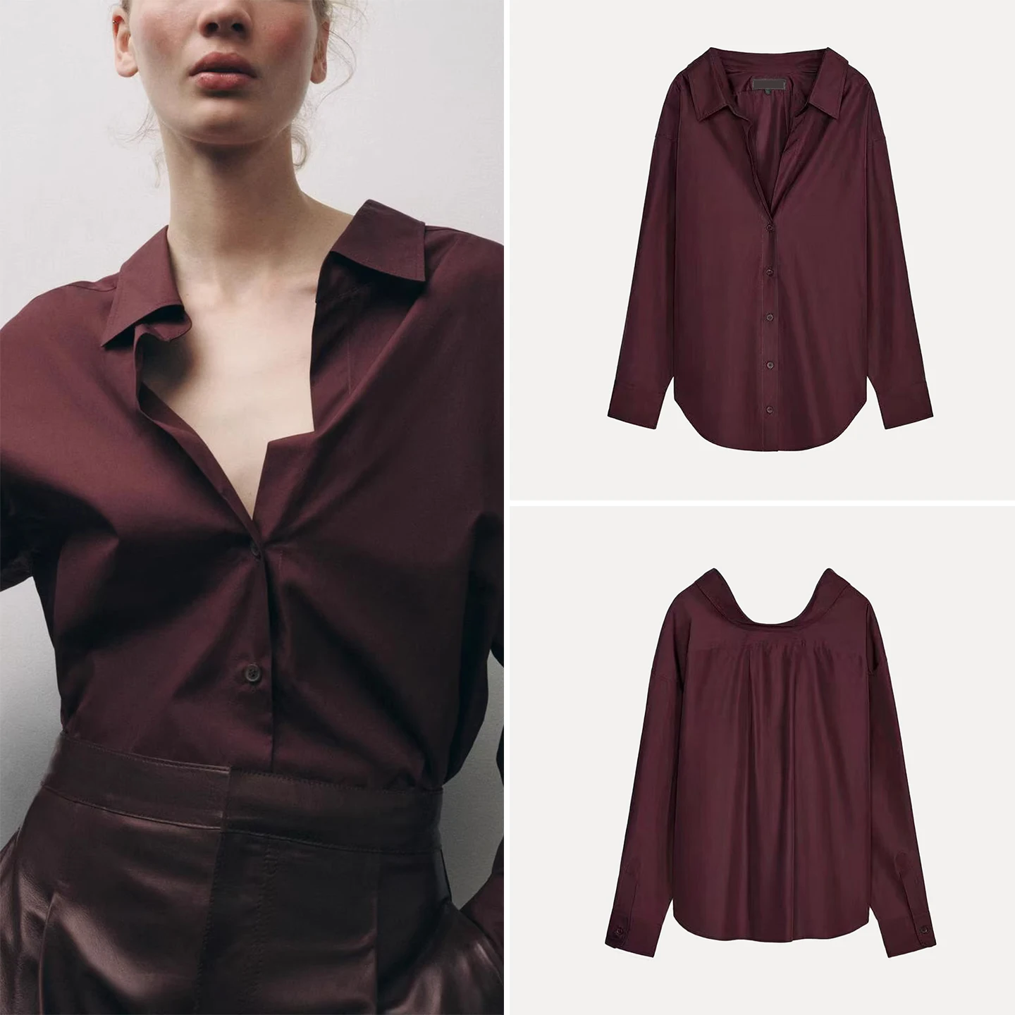 

Z Women's Comfortable Cotton Silk Long Sve Collar irt Loose Fit Commute Sle Pure Color Button Plaet