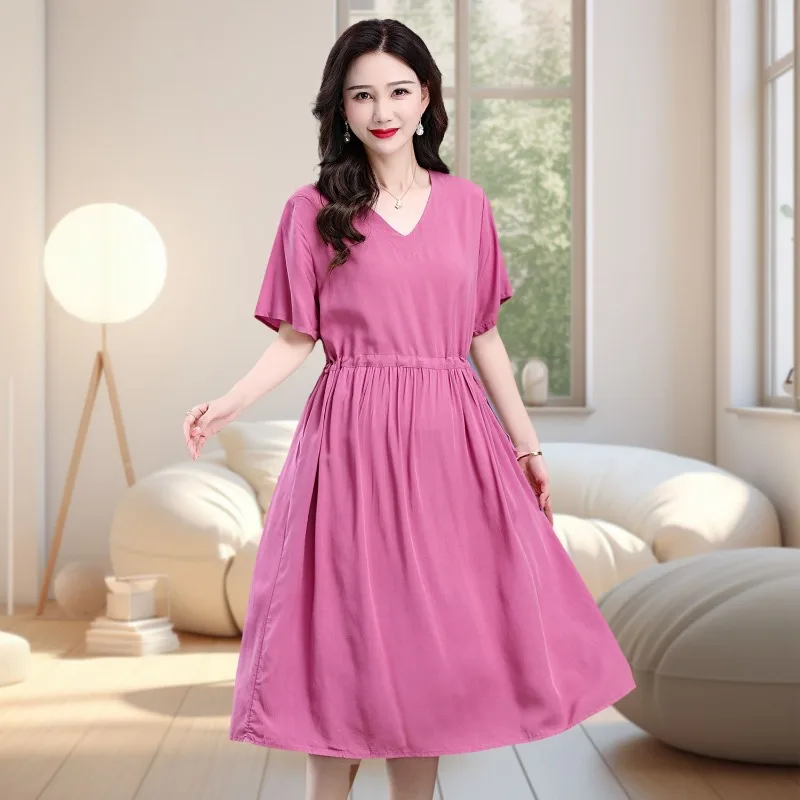 Cotton Silk Floral Dress Women's New Summer Temperament V-neck Waist Slimming Large Size Rayon Cotton Long Skirt Cool Nightgowns