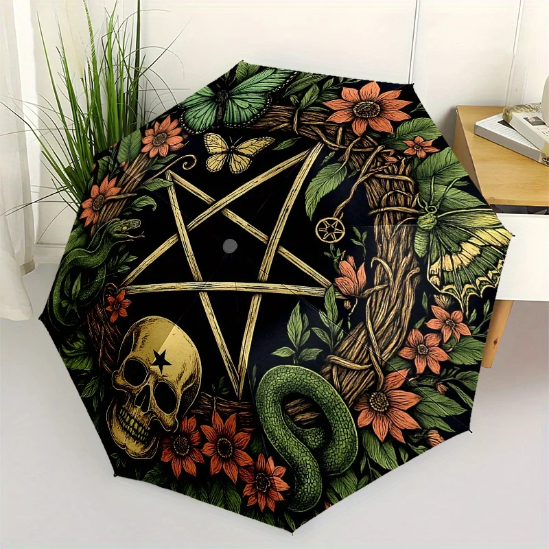 

Готический зонт для колдовства с пентаграммой, черепом и изображением змеи - автоматическое открытие/закрытие, 8-спицевый, компактный, складной в 3 сложения, портативный зонт.