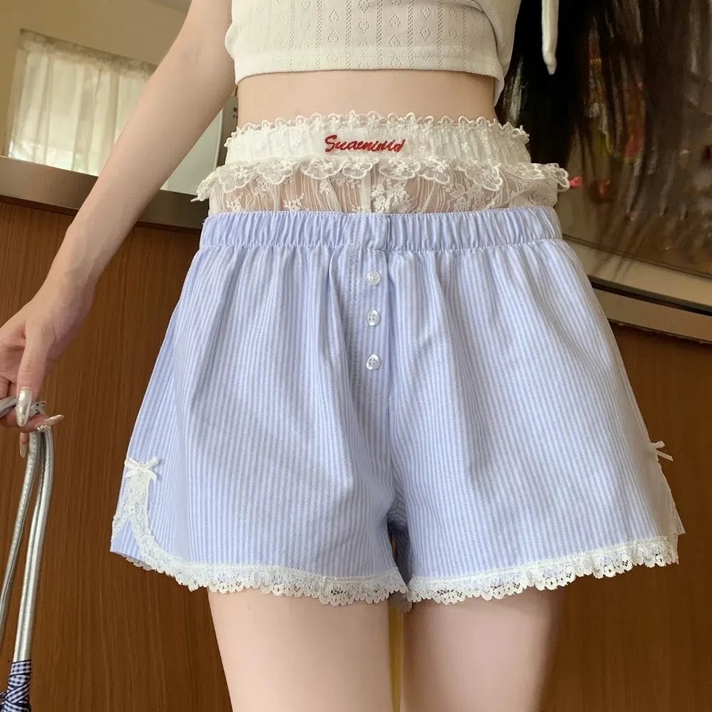 

Fashion Loose Lace Plaid Shorts Mesh Flower Sweet High Waist Shorts Stripe Lolita Wide Leg Short Pants Girls