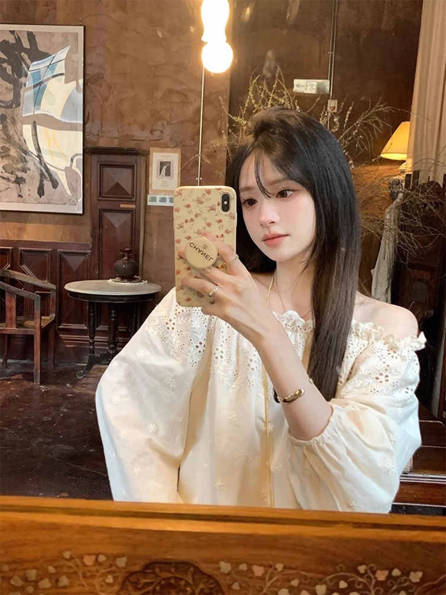 Fashionable Long Sleeve One Shoulder Lantern Sleeve Shirt Women's Loose Slimming Versatile Top French Style Universal Fit Sli...