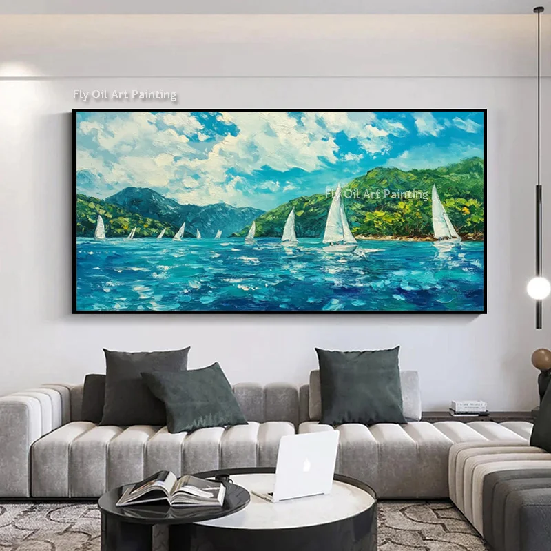 Modern Blue Ocean Scape Boats Green Mountain Landscape Canvas Artwork For Room Hand Painted Red Yellow Sea Sunset Oil Painting