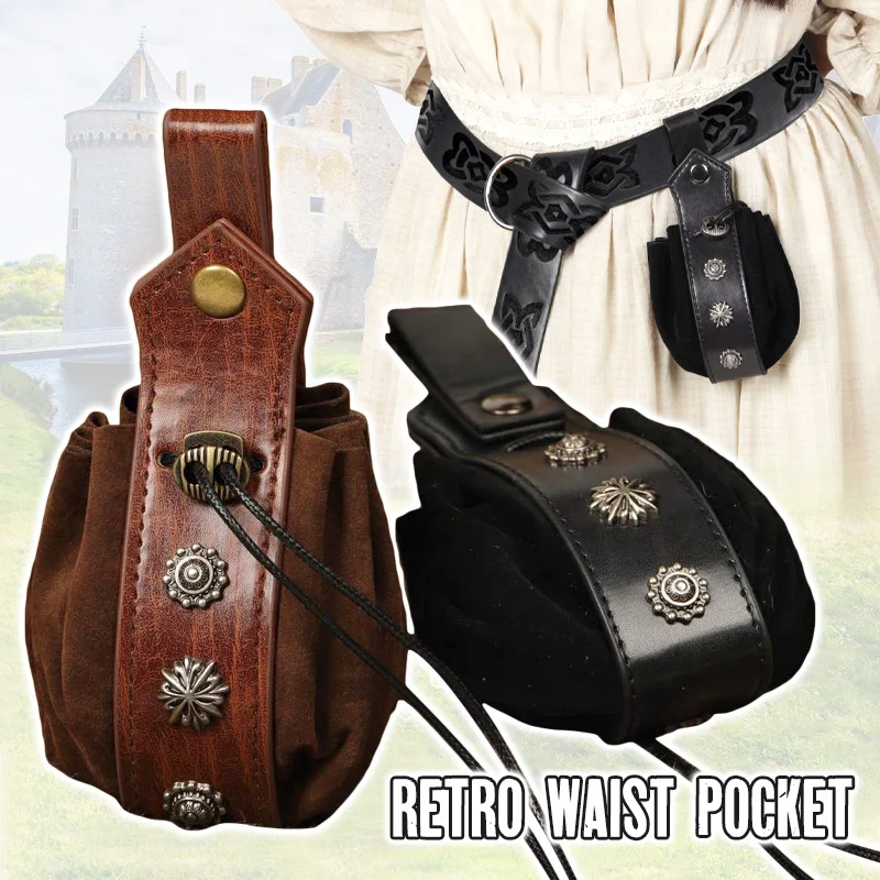 

Medieval Pouch Vintage Viking Style Drawstring Bag Coin Purse Retro Hangable Waist Bag Medieval PU Leather Cosplay Fanny Pack