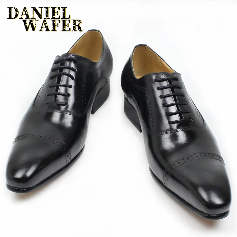 Classic Style Formal Men\'s Oxford Shoes Lace Up Pointed Cap Toe Brogue Casual Office Wedding Dress Genuine Leather Shoes for Men