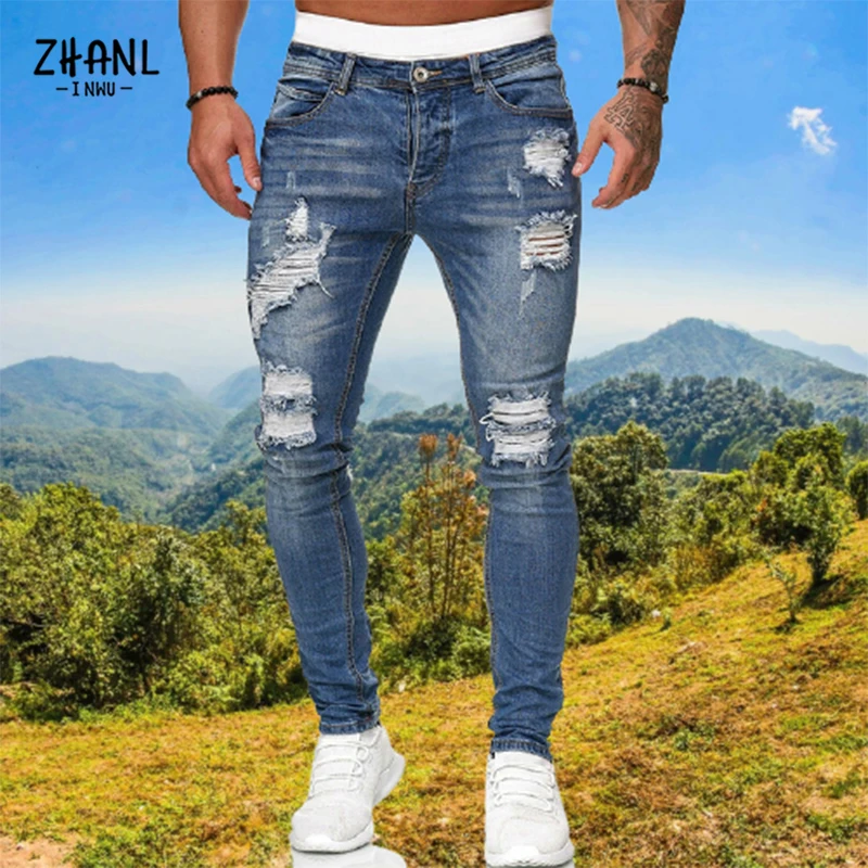 Moda masculina rasgado jeans streetwear dos homens jeans preto fino ajuste hip hop calças magras de alta qualidade denim roupas casuais