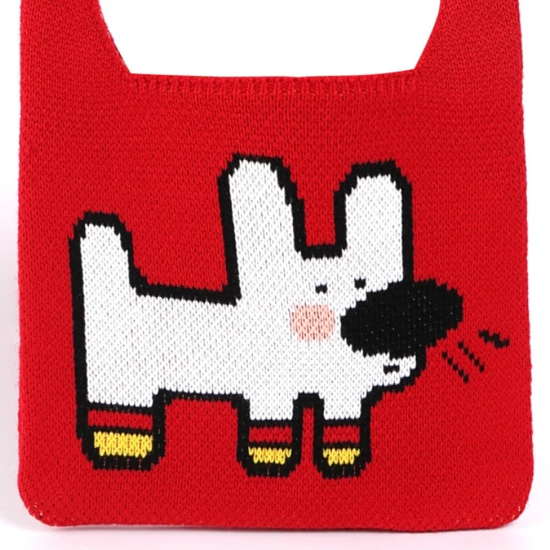 Female Knitted Cartoon Dog Pattern Medium Hobo Bag Street Wear Korean Casual Fashion Y2K Aesthetic Knitted Side Crossbody Bag