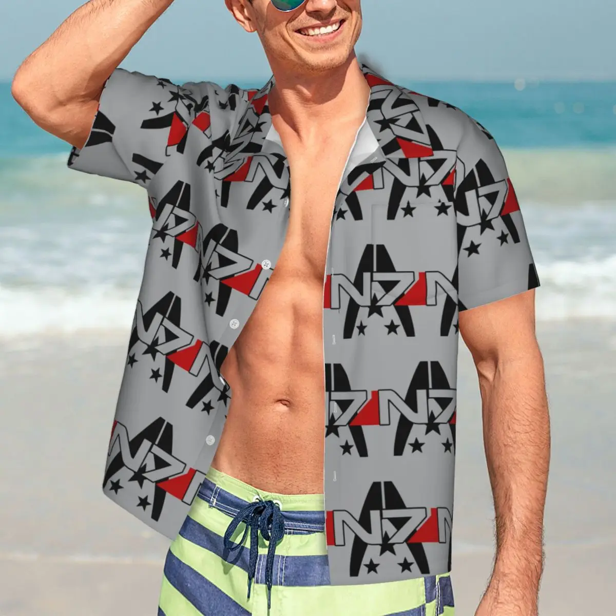 

Mass Effect N7 Alliance Hawaiian Shirts Fashion Men Short Sleeve Shirt for Summer Beach Men's Button Tops