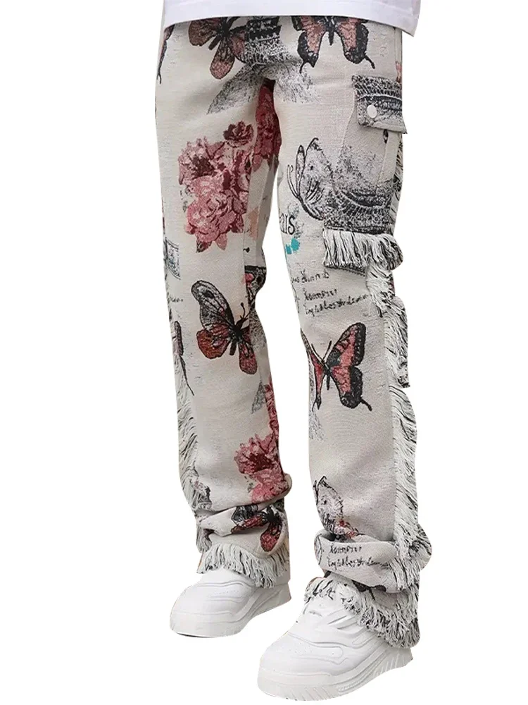 

Spring Summer Men's Jeans Fashion 3D Printed One Button Zipper Tassal Male Vintage Mid Waist New Denim Straight-Leg Pants