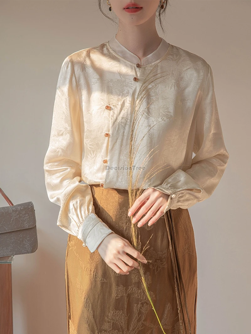 

2025 new chinese improved traditional style women long sleeve stand collar tang suit shirt spring jacquard loose daily shirt t01