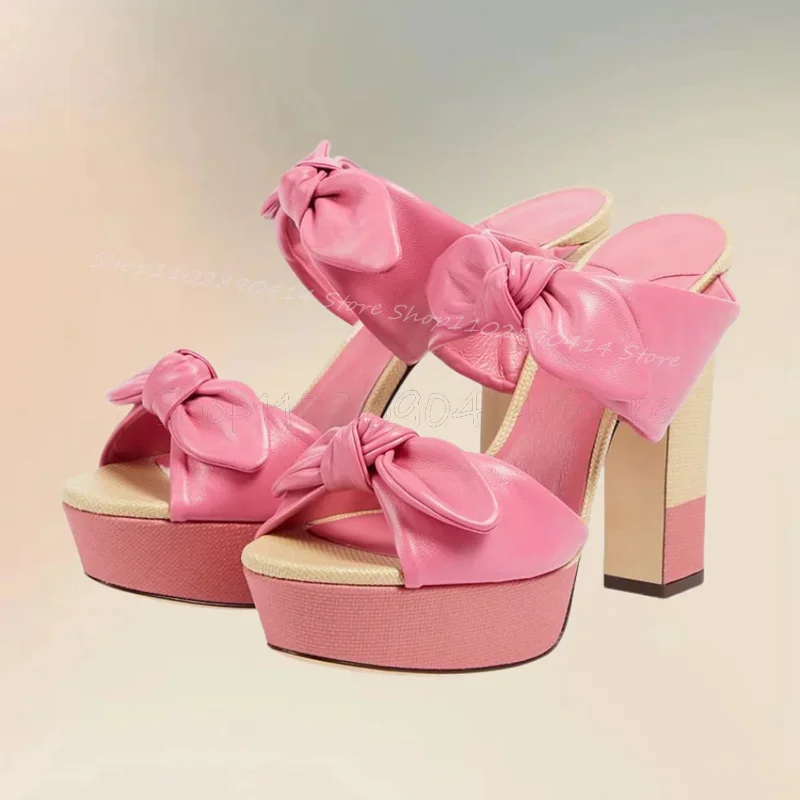 

Pink Bow Knot Decor Open Toe Platform Slippers Slip On Women Shoes Chunky High Heels Fashion Banquet 2024 Zapatos Para Mujere