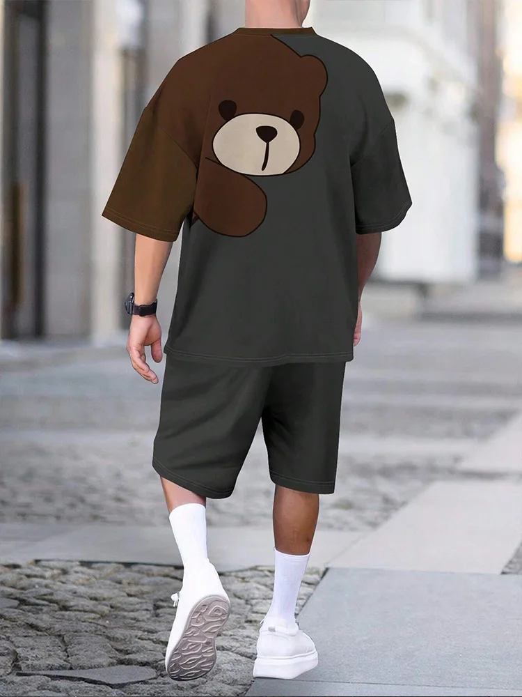 2024 New Manfinity RSRT Men's Summer Cartoon Bear Monogram Print Casual Crew Neck Short Sleeve T-shirt And Belted Shorts Set