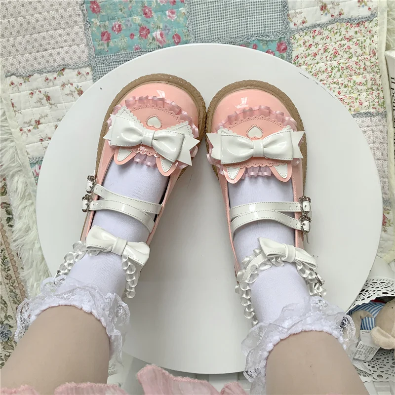 Low Heel Cute Lolita Shoes Japanese Lolita Big Round Cat Ear Bow Double Buckle Pu Loli Sweet Girls Student Kawaii Cosplay Gothic