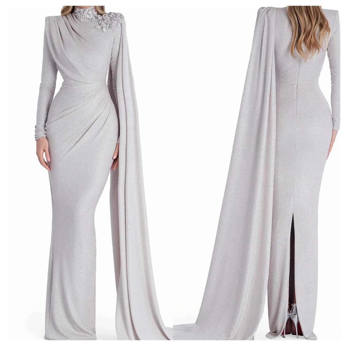 Customized  Delicate Silvery Jersey Evening Dress Mermaid High Collar Long Sleeves Celebrity Gowns Crystal Special Occa image 3