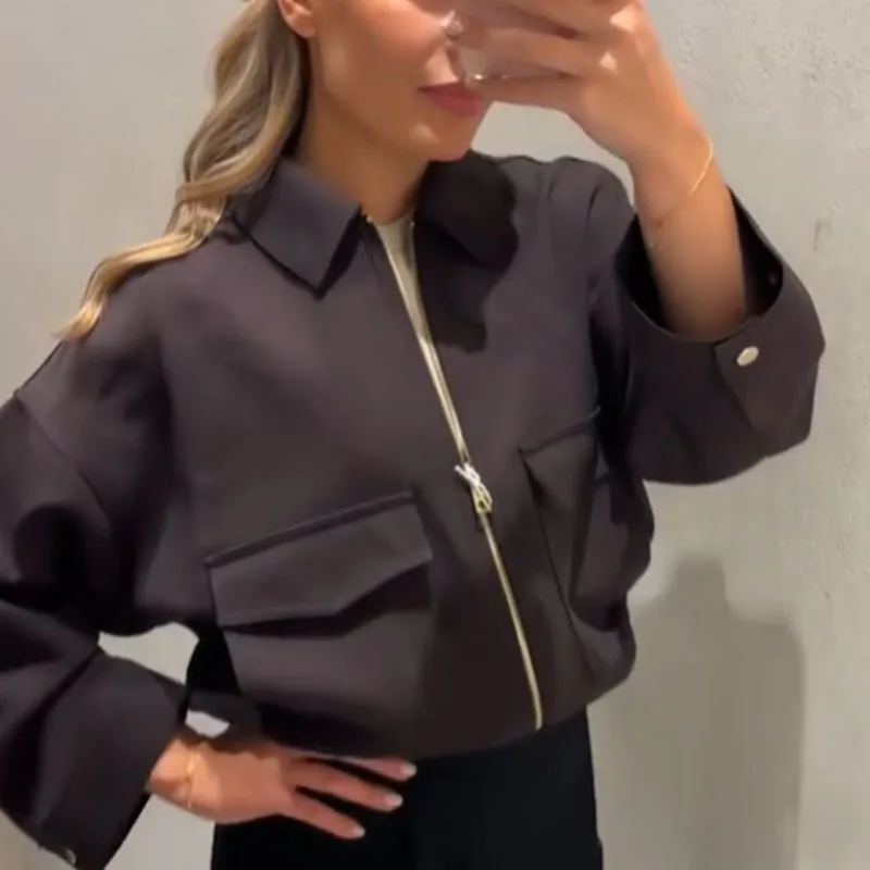 Women Zip Up Cargo Jacket Lapel Collar Drop Shoulder Loose Short Outerwear Elastic Hem Big Patch Pockets Casual Solid Color Coat