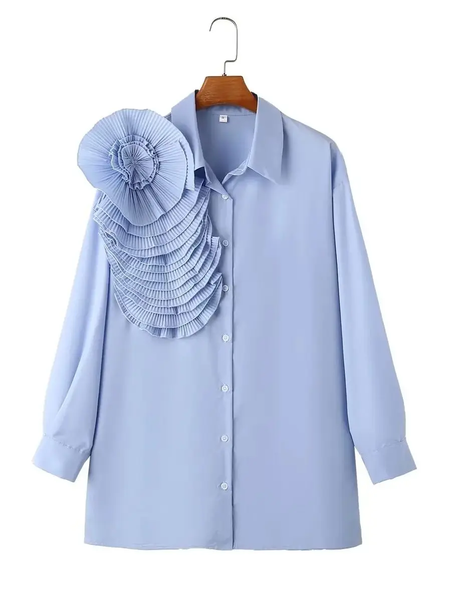 Zevity Women Fashion Pleated Large Flower Appliques Solid Smock Blouse Office Lady Buttons Shirt Chic Chemise Blusas Tops LS5639