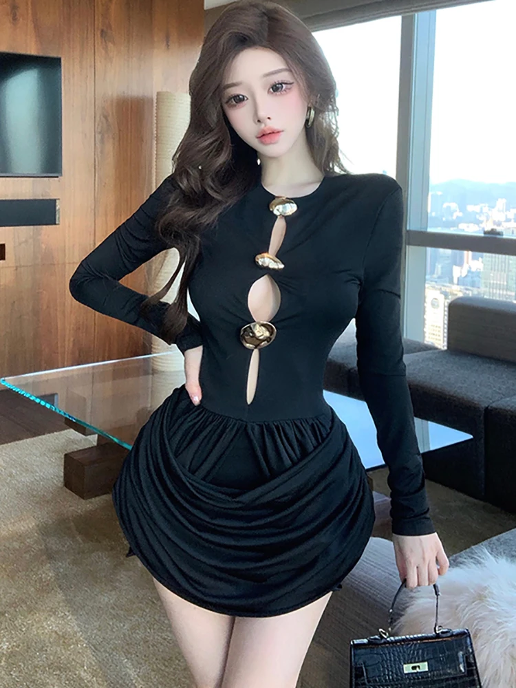 

Весенне-осеннее черное мини-платье с пайетками и вырезами, сексуальное, элегантное, облегающее, короткое, 2026, корейский винтажный стиль, Vestidos