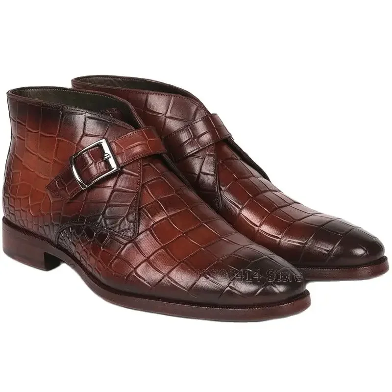 

Brown Crocodile Print Buckle Decor Ankle Boots Fashion Slip On Men Shoes Luxurious Handmade Party Feast Banquet Men Dress Shoes