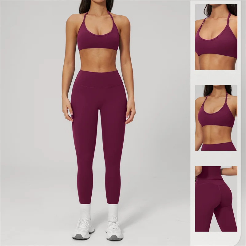 

TRY TO BN Two Pieces Women's Tracksuit Yoga Halter Neck Bra High Waisted Leggings Tummy Control Fitness Running Gym Workout Set
