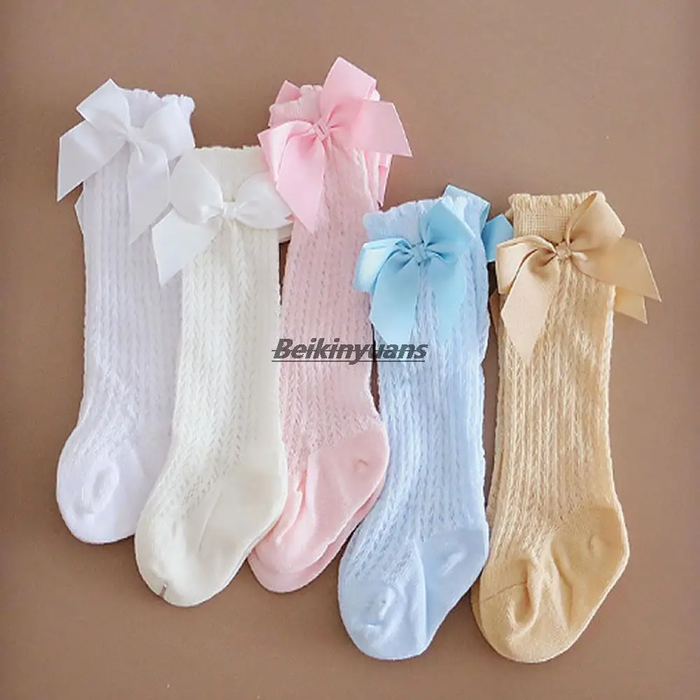 Baby Summer Socks Newborn Long Sock White Mesh Ruffle Cotton Soft long new born Sock with Bow Princess gift