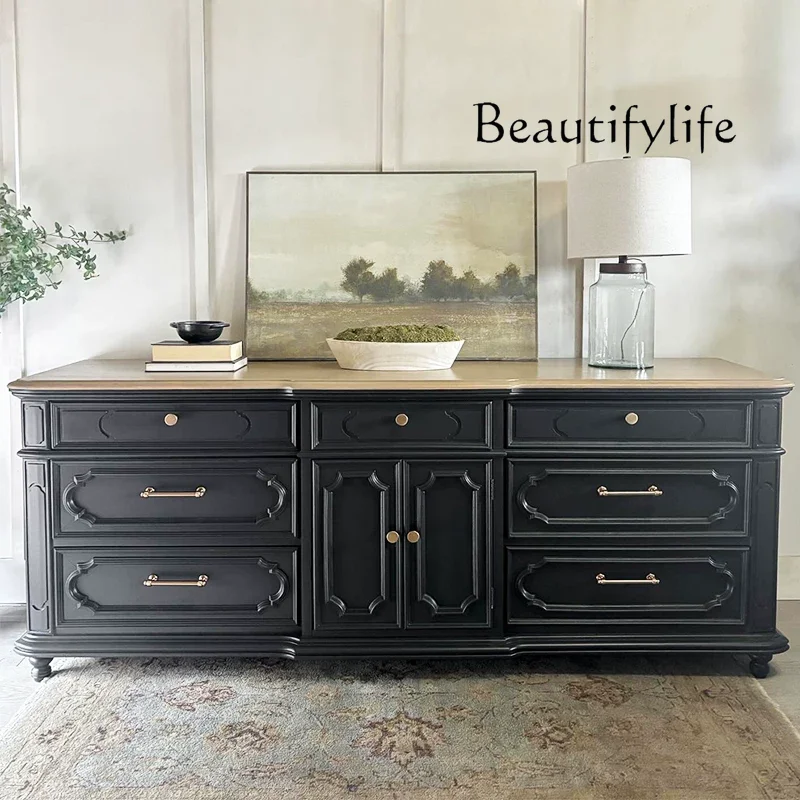 French retro contrasting color TV cabinet solid wood porch decorative cabinet American living room storage household bedroom