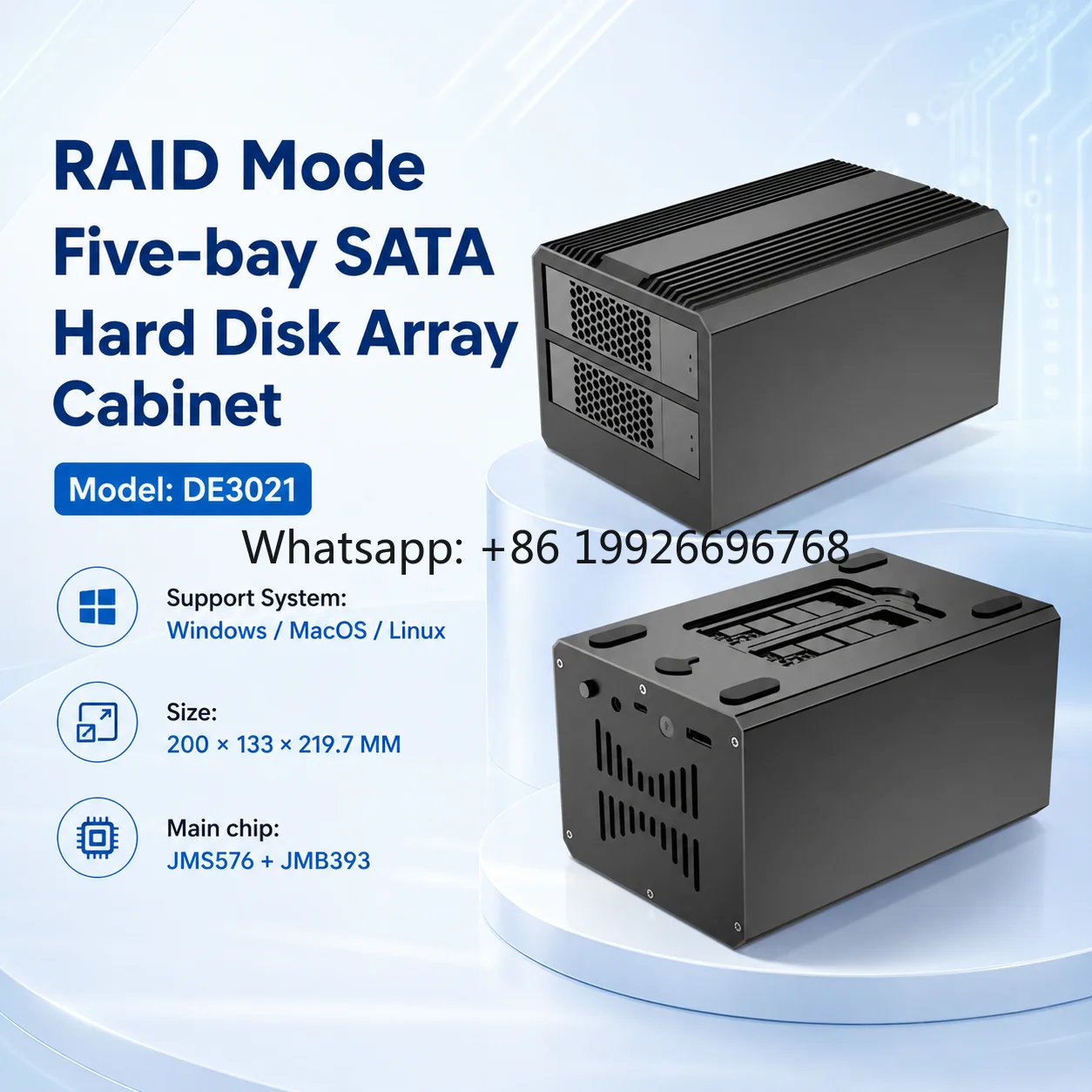 5-Bay RAID Enclosure (2xM.2 NVMe + 2xSATA) USB-C 5Gbps 8 RAID Modes (0/1/10/3/5/Large/PM/Cloning) Built-in Fan Aluminum Housing