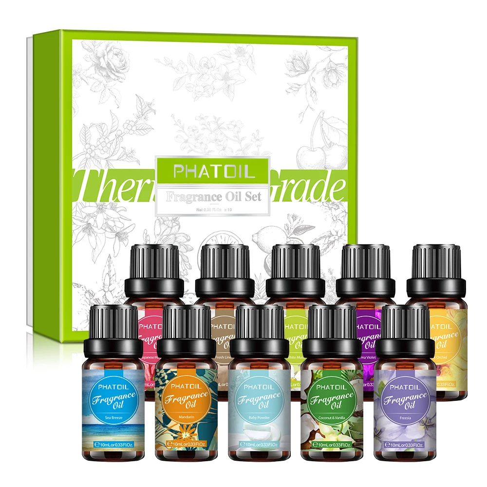 PHATOIL 10 Bottles Fragrance Oil Set -10ml White Musk Coconut & Vanilla Fresh Linen Mandarin Sea Breeze Black Orchid Aroma Oils