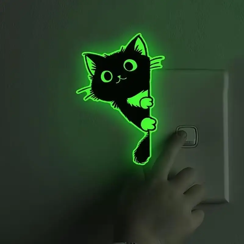 Sweet Self-Adhesive Luminous Cat Wall Decals PVC Cute Glowing Cat Stickers Home Decor Funny Cat Switch Stickers Dorm Room
