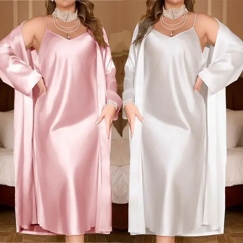 

Women Big Size 3Xl 4Xl 5Xl Robe Set Bride Wedding Dress Bathrobe Gown Sexy Spaghetti Strap Pajamas 2Pcs Nightgown Lingerie