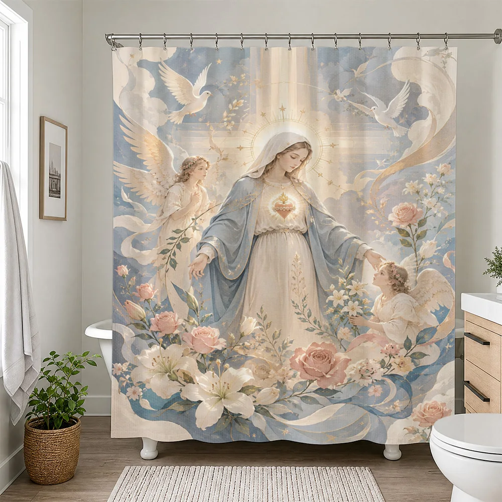 Vintage Angelic Floral Shower Curtain Bathroom Decor Watercolor Art Goddess Divine Shower Curtain