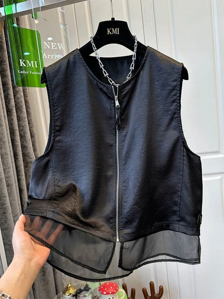 Large Size 300 Pounds Mesh Splice Tank Top Women Summer Loose Casual Layering Shoulder Pad Tank Jacket Outerwear