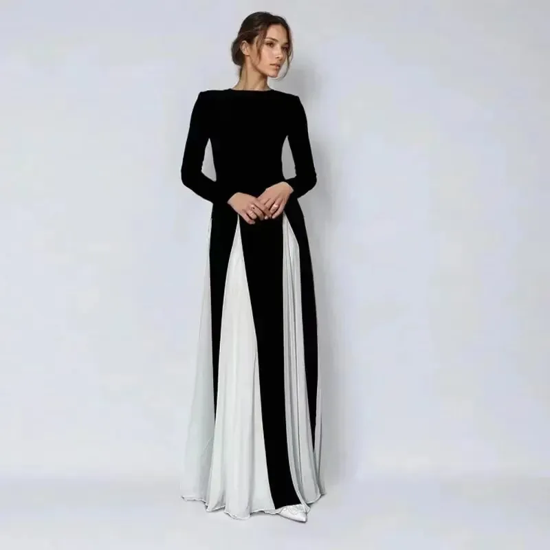 Autumn Fashion Contrasting Round Neck Slim Fit Black  White Patchwork Women\'s Dress Formal Dress Evening Club Robe Long Skirts