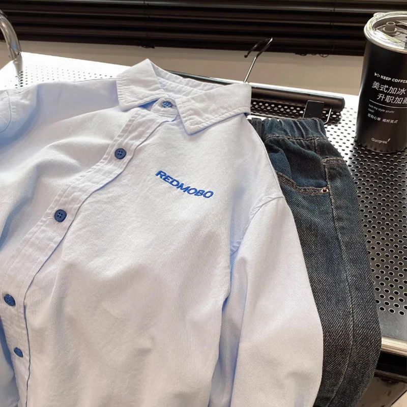 قميص مطرز بأكمام طويلة للأولاد والبنات للأطفال جديد ربيع الخريف كوري فضفاض كاجوال عصري مريح #4