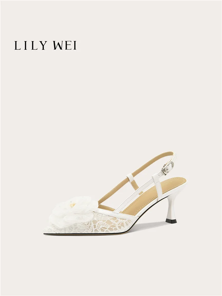 

Summer New Lace Flower Fish Mouth Fashion Slippers Pointed Banquet Dress Large Size Small Size Widened High Heels Women's Sandal