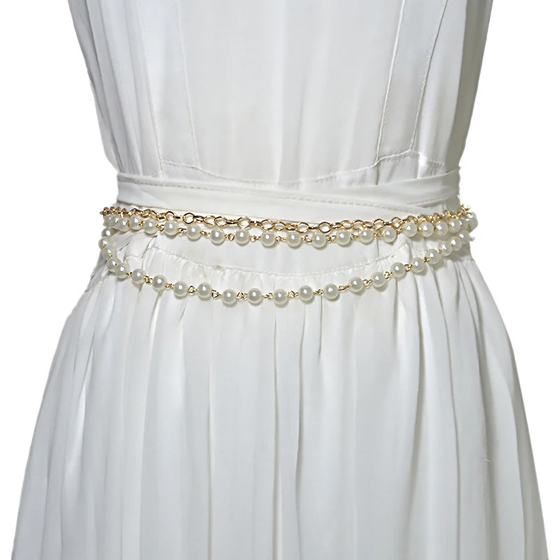 New Women Imitation Pearl Belts Alloy Chain Belts White Imitation Pearl Chain Women Clothing Accessories