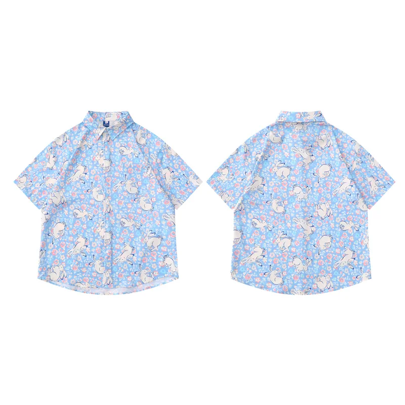 Fashion Brand Rabbit Printed Short Sleeve Shirt Street Loose Casual Shirts for Summer Men and Women