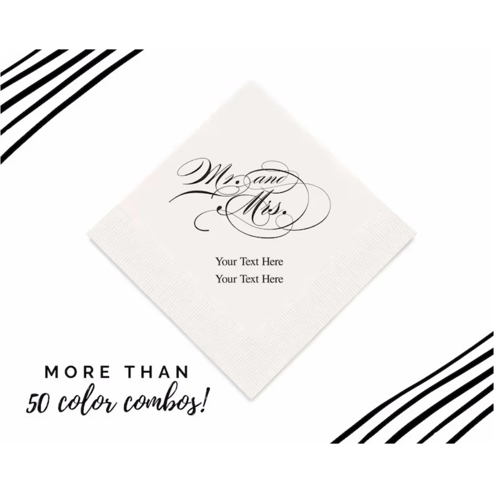 Printed Wedding Napkins, Mr and Mrs, Script, Anniversary, Vow Renewal, Cocktail, Luncheon Dinner, 50 Pcs