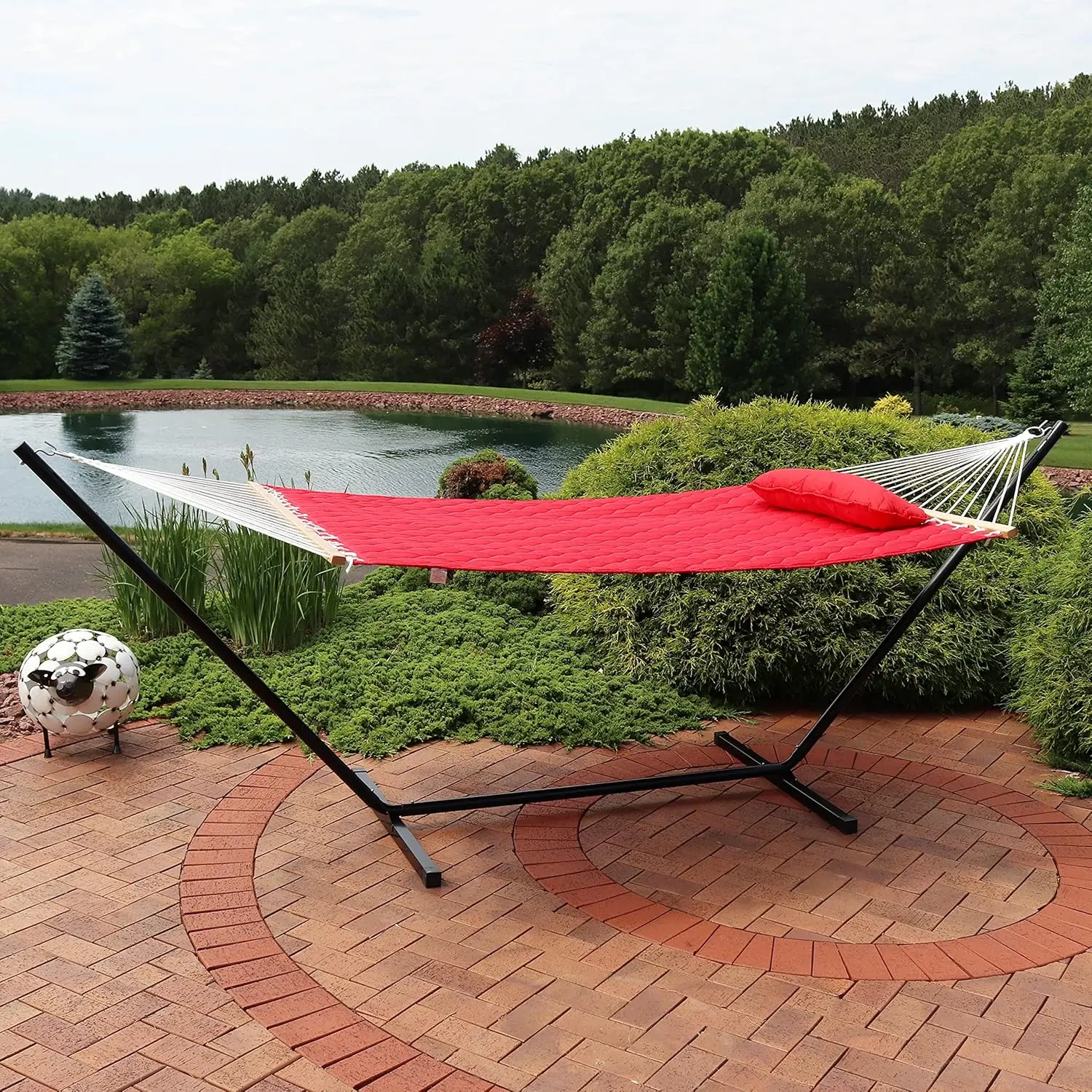 Quilted Fabric Double Hammock with 12-Foot Stand - 400-Pound Capacity - Black Stand - Red