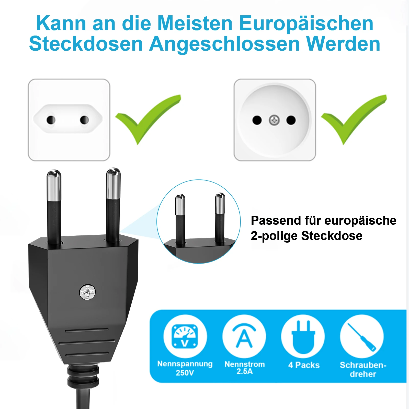 6PCS EU Electrical Plug Adapter Replacement Rewireable Outlets, European 2 Pin Male Plug Power Socket Extension Cord Connector