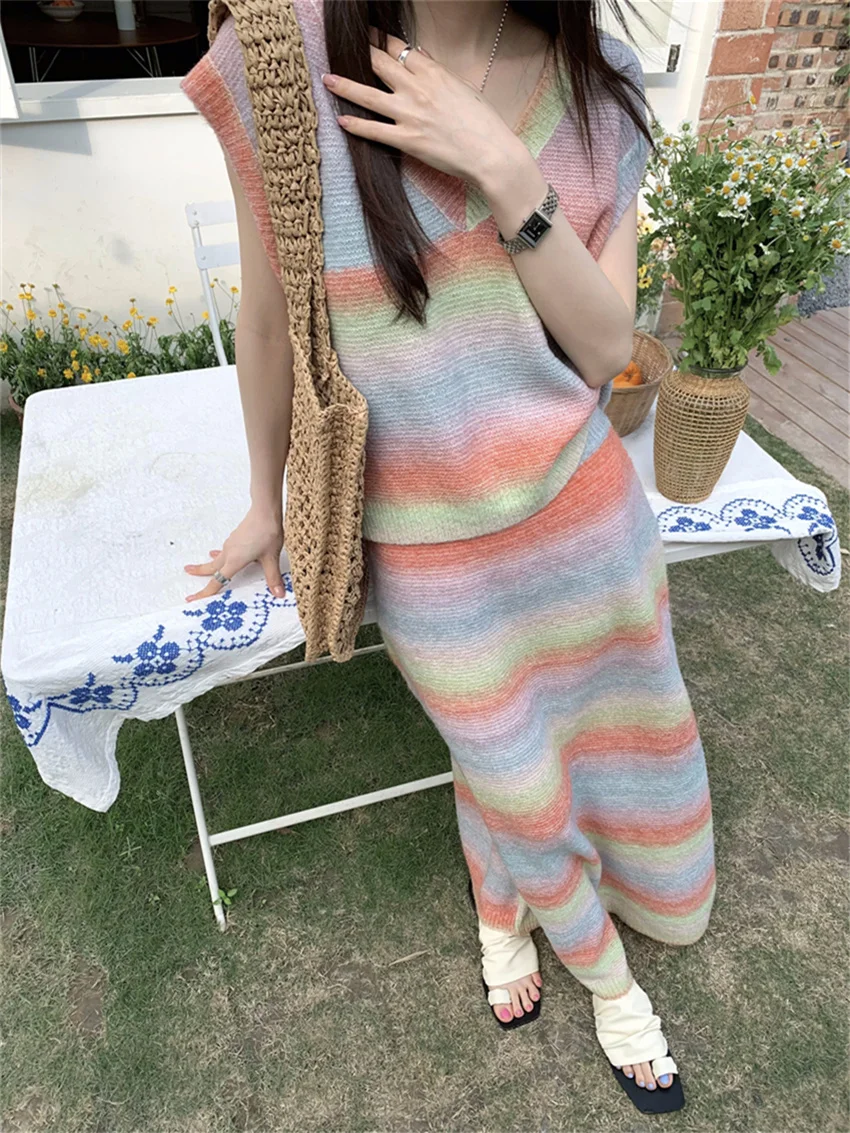 Alien Kitty Casual Vest Sweaters Women Sweet Loose Colorful Stripes Gentle Knitted Summer New Maxi Skirts Office Lady Vacation