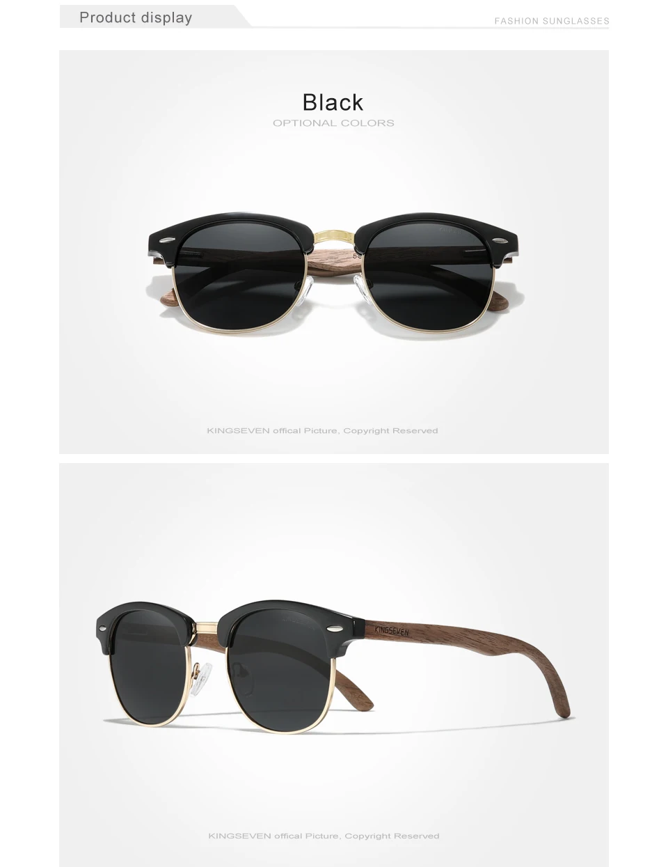 KINGSEVEN Qualität Upgrade Handgemachte Walnuss Holz Sonnenbrille Männer Polarisierte Halbrand UV400 Schutz Retro Brillen Frauen – Detail 5