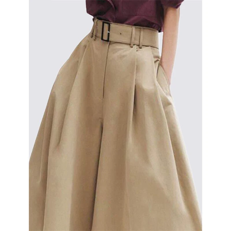 Women Korean Fashion Elegant Belt Design Wide Leg Capris Pants Y2K Female Summer Vintage Khaki Loose High Waist Cropped Trousers