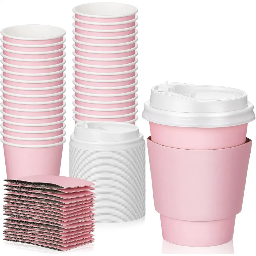 

48 Pcs 12 oz Coffee Cups with Lids and Sleeves Bulk Insulated Hot Chocolate Paper Cup for Hot and Cold Beverage Water Juice Co