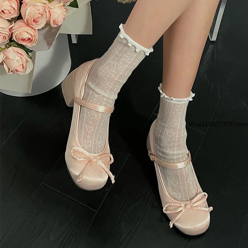 

Women Ballet Pumps Lolita Mary Jane Ladies Chunky Heel Bow-knot Shallow Sandals Female Cute Sweet Round Toe College Girl Shoes