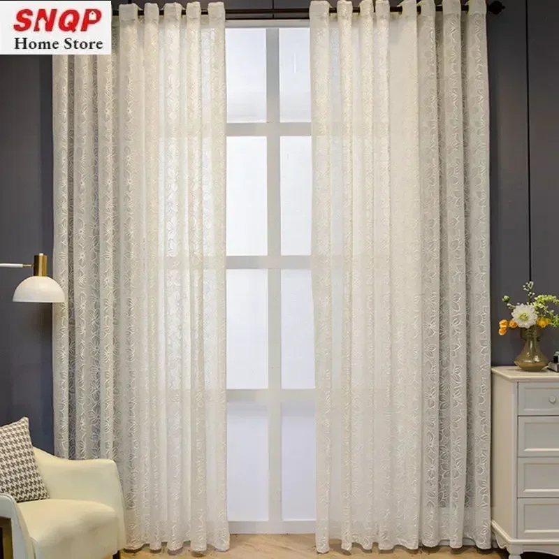 Cortinas transparentes de tul blanco de lujo europeo para sala de estar, cortinas opacas de encaje bordado, dormitorio, Jacquard, comedor, boda